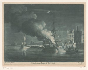 Brandend schip bij de haven