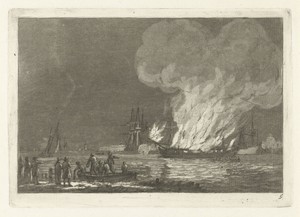 Brandend schip voor Rotterdam