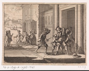 Brandewijnverkoper te Rome wordt door twee gerechtsdienaars gegrepen na het verlaten van de kerk Regina Coeli, 1687