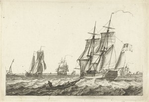 Brik en andere schepen op een breed vaarwater