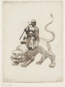 Bronzen beeld van een Japanse god (Sennin) op een leeuw