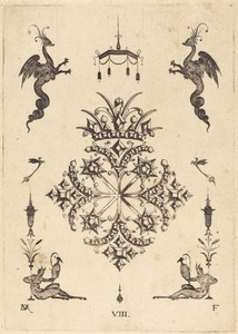 Brooch with Fantasy Animals at Top and Fauns with Vases at Bottom