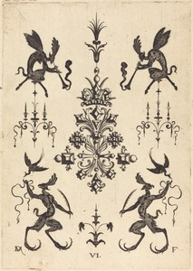 Brooch with Winged Fauns Blowing Trumpets at Top and Fantasy Creatures with Birds at Bottom
