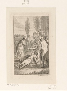 Brückner bewusteloos op de grond na het zien van de begrafenisstoet