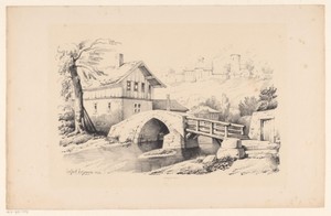Brug en huis in heuvelachtig landschap