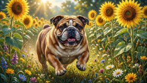 Bulldog in Sunflowers