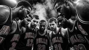 Bulls Team Huddle B&W