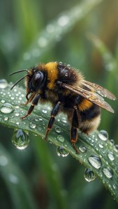 Bumble Bee on Dewy Leaf