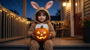 Bunny Onesie and Jack-O'-Lantern