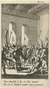Burgemeester Filips van den Brande mishandeld door de opstandige boeren in het stadhuis, 1672