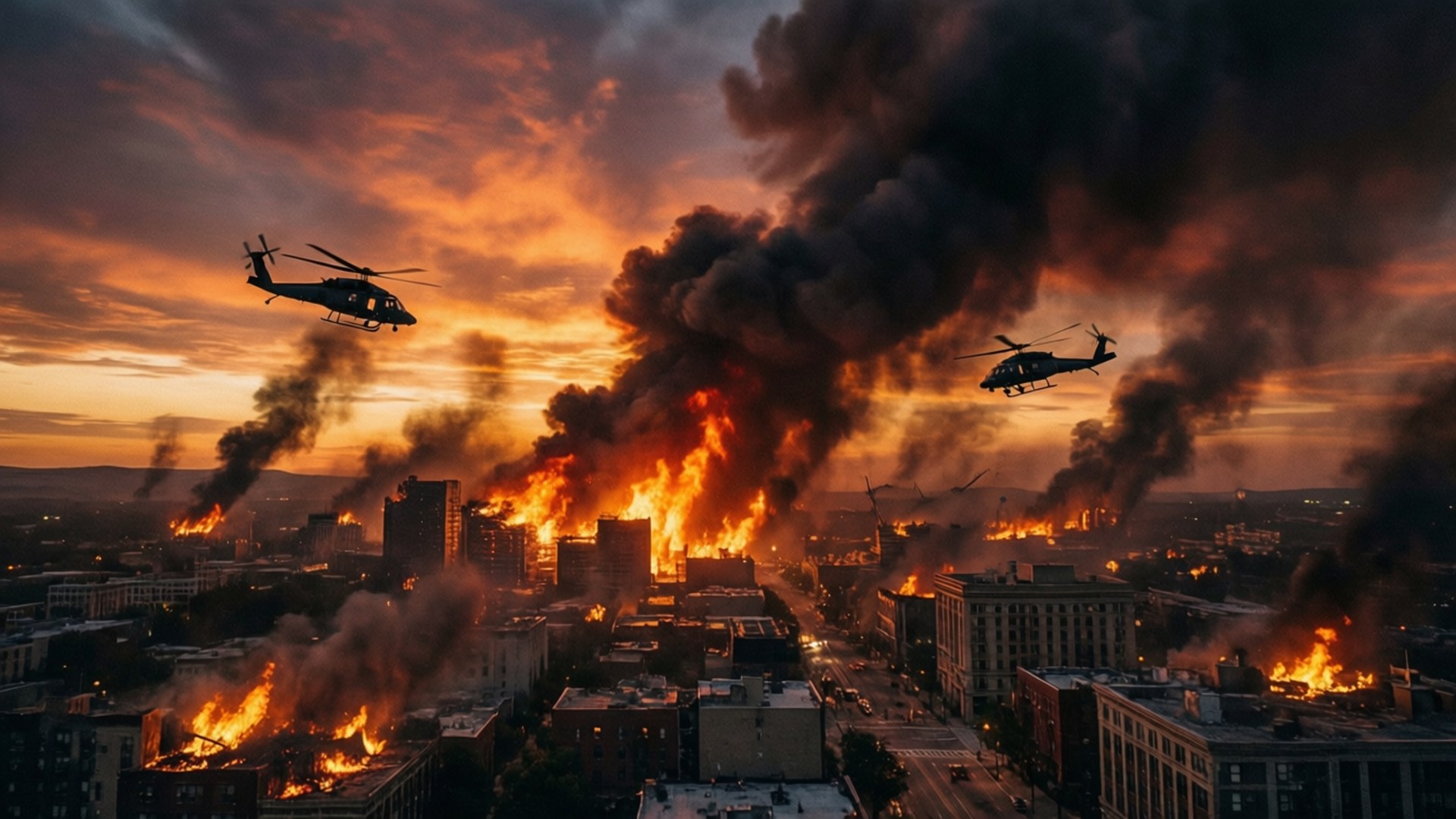 Burning City Dusk by Wallpapers.art Studio