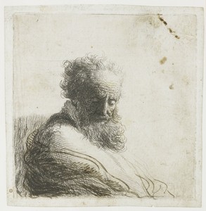 Bust of an old bearded man, looking down, three quarters right