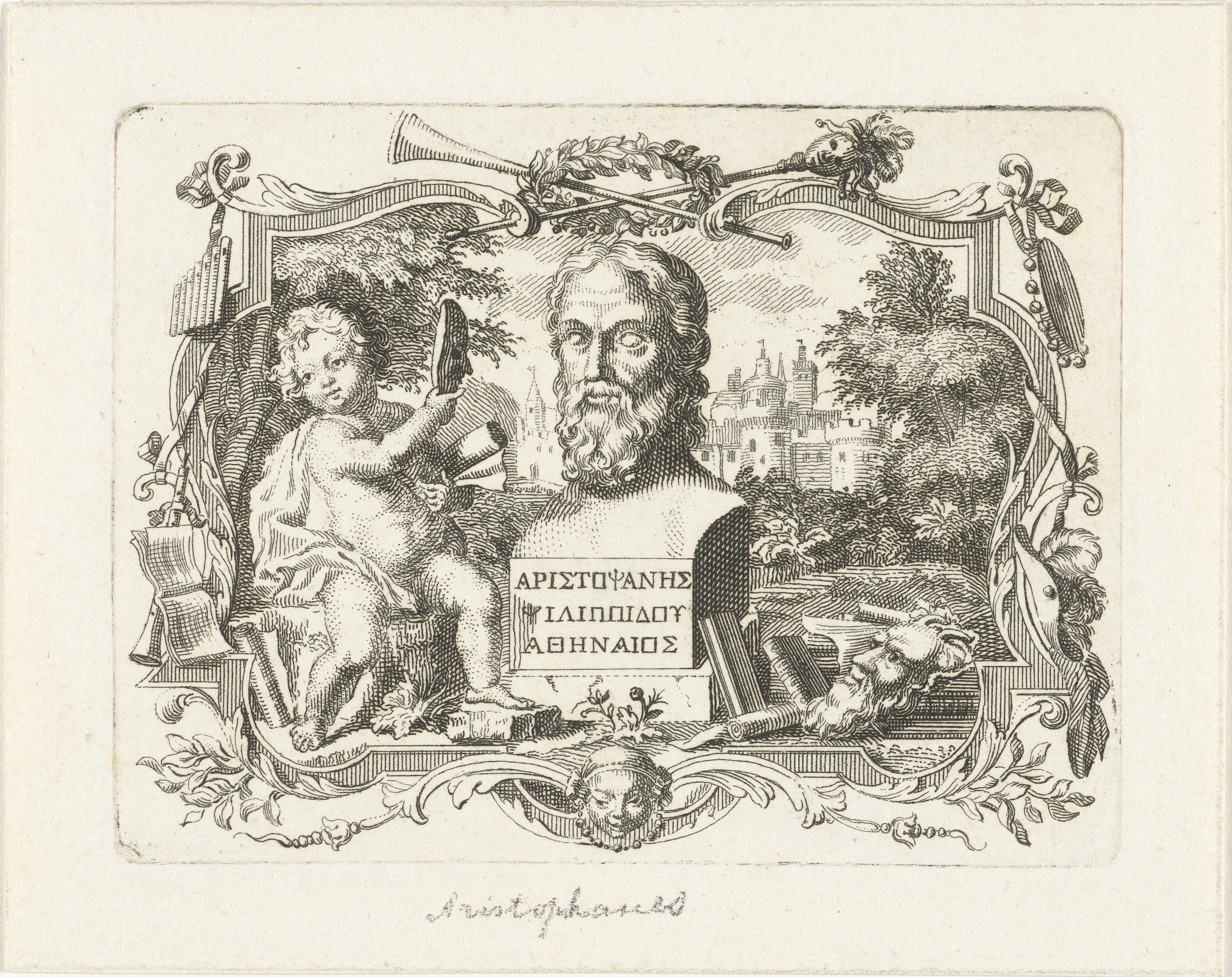 Buste van Aristophanes en putto met masker, in cartouche by Abraham Delfos