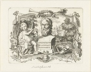 Buste van Aristophanes en putto met masker, in cartouche