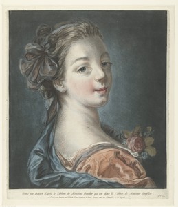 Buste van een jonge vrouw met een strik in het haar