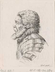 Buste van een oude soldaat met baard, in profiel naar links