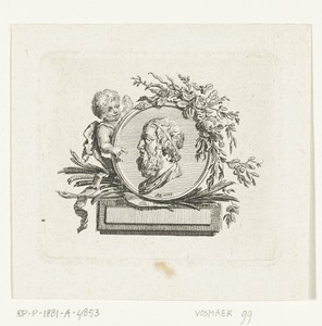 Buste van Homerus op medaillon door engeltje vastgehouden en met bloemen en palmtakken versierd