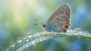 Butterfly on Dewy Leaf