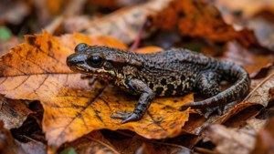 Camouflaged Newt in Autumn Leaves