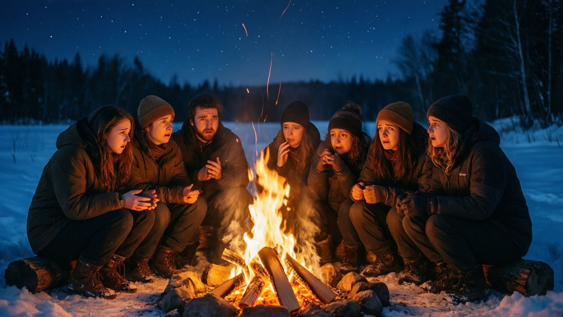 Campfire Stories in Snow by Wallpapers.art Studio