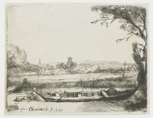 Canal with a large boat and a bridge ('Het schuytje op de voorgrond')