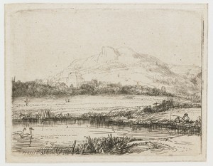 Canal with an Angler and Two Swans