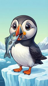 Cartoon Puffin with Fish