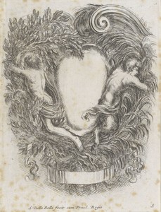 Cartouche met Apollo in laurierstruik en Pan tussen het riet