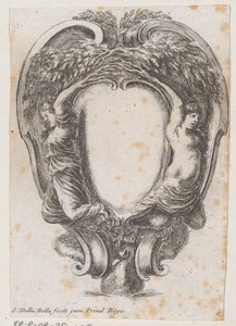 Cartouche met een eend en twee nimfen waarvan de armen tot takken vergroeid zijn