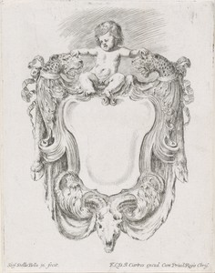 Cartouche met een putto, twee panterkoppen en een schedel van een ram