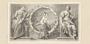 Cartouche met gelauwerde man en vrouw