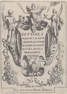 Cartouche met guirlandes en figuren