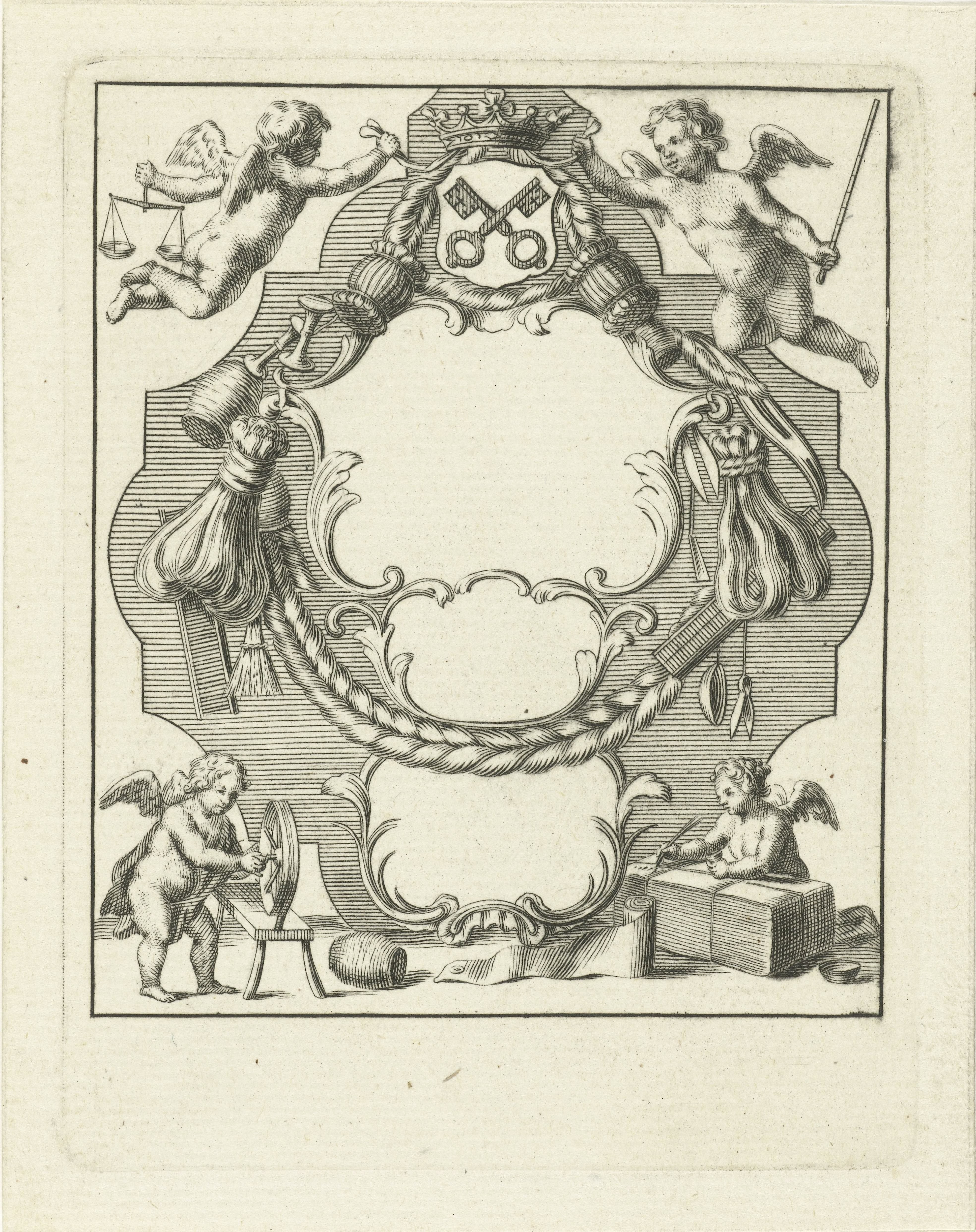 Cartouche met kleine engelen en materialen uit wolindustrie by Abraham Delfos