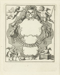 Cartouche met kleine engelen en materialen uit wolindustrie