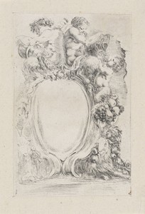 Cartouche met mannelijke en vrouwelijke sater met kruiken, een jonge sater en twee liggende geiten