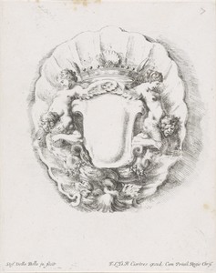 Cartouche met schelp, kroon en tritons met sirenes op de schouders