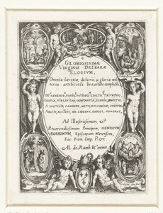 Cartouche met tekst omringd door putti en scènes uit het leven van Maria