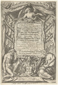 Cartouche met titel en allegorische figuren Vader Tijd en Geschiedenis