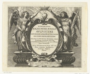 Cartouche met titel geflankeerd door twee engelen die kroon vasthouden boven brandend hart