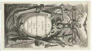 Cartouche met titel in omlijsting met attributen van heiligen