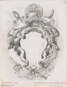 Cartouche met twee adelaars, een helm met pluim en twee lege schilden.
