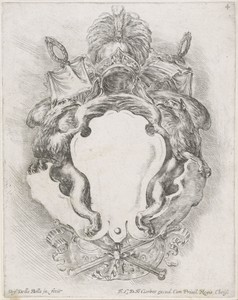 Cartouche met twee griffioenen en helm erboven