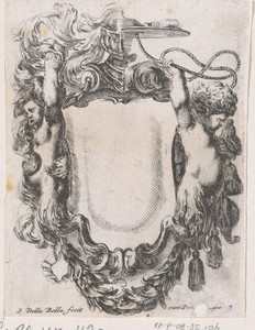 Cartouche met twee jonge saters, een halve kardinaalshoed en een halve helm