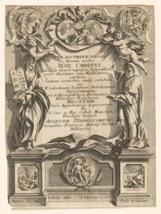 Cartouche met twee kerkvaders en scenes uit het Nieuwe Testament