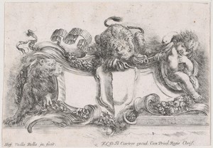 Cartouche met twee leeuwen en een putto