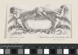 Cartouche met twee putti die aan de vleugels van een adelaar trekken