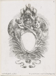 Cartouche met twee putti op adelaars die samen een helm ophouden