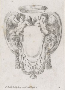 Cartouche met twee ramskoppen, twee putti en een kroon