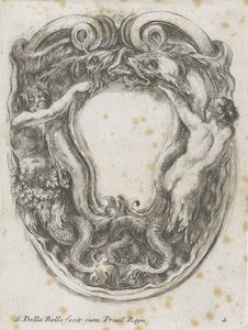 Cartouche met twee vissen, een triton en een sirene