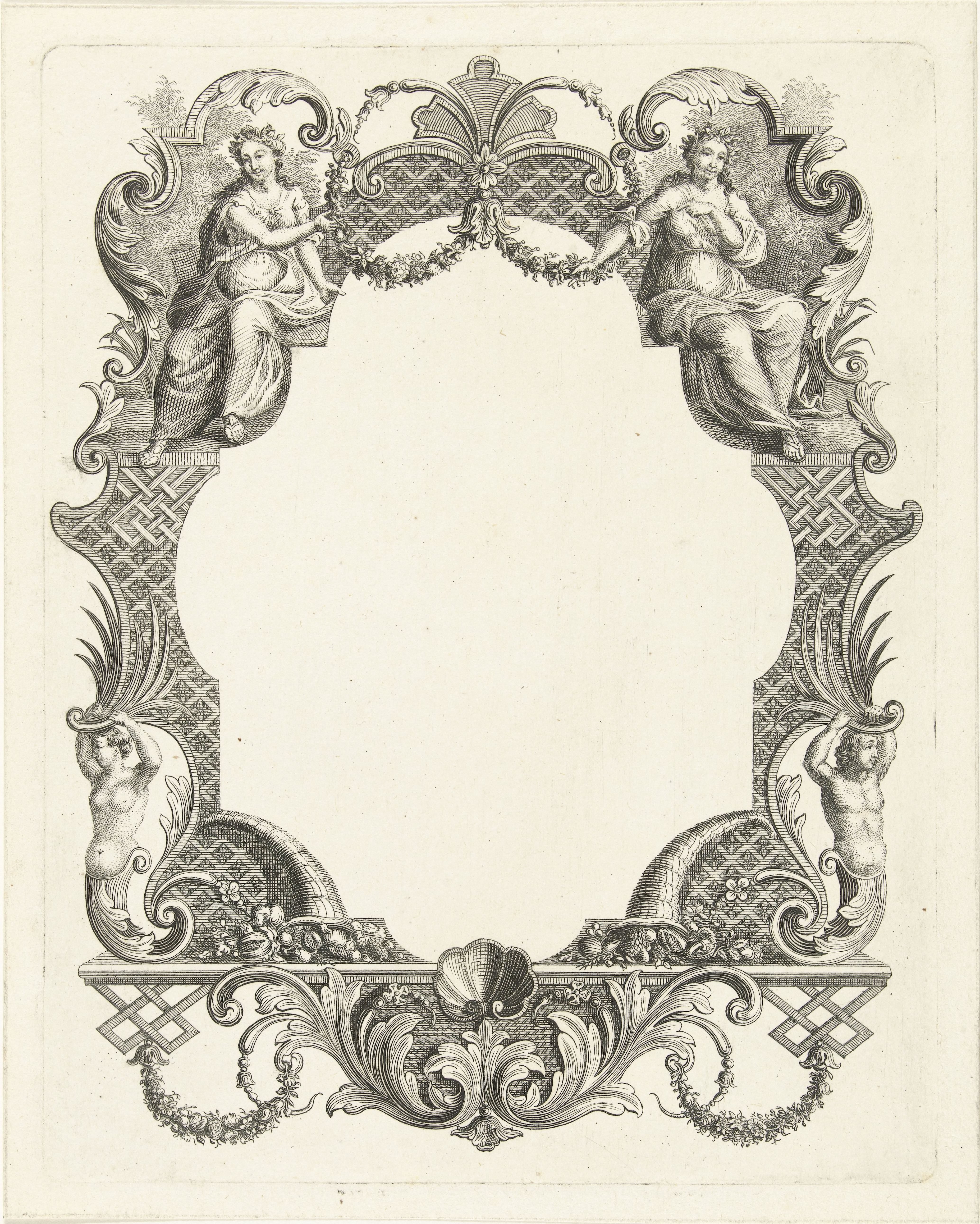 Cartouche met twee vrouwenfiguren en ornamenten by Abraham Delfos